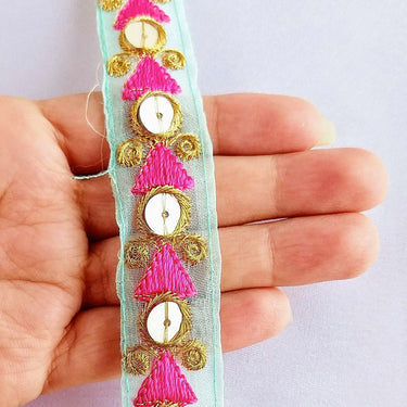 Mint Green Tissue Fabric Trim In Pink & Gold Embroidery With Gold Sequins, , Lace Trim By 2 Yards Indian Decorative Trim